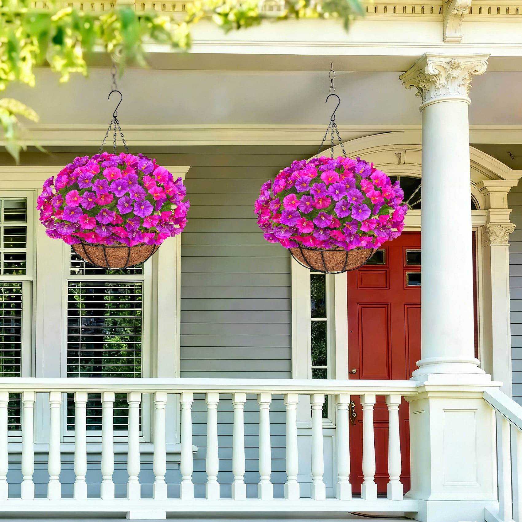 AcerichFad Artificial Hanging Flowers, 4 PCS Fake Silk Flowers Faux Plants with Coconut Basket for Spring Summer Indoor Outdoor Home Decor, Rose Red and Fuchsia