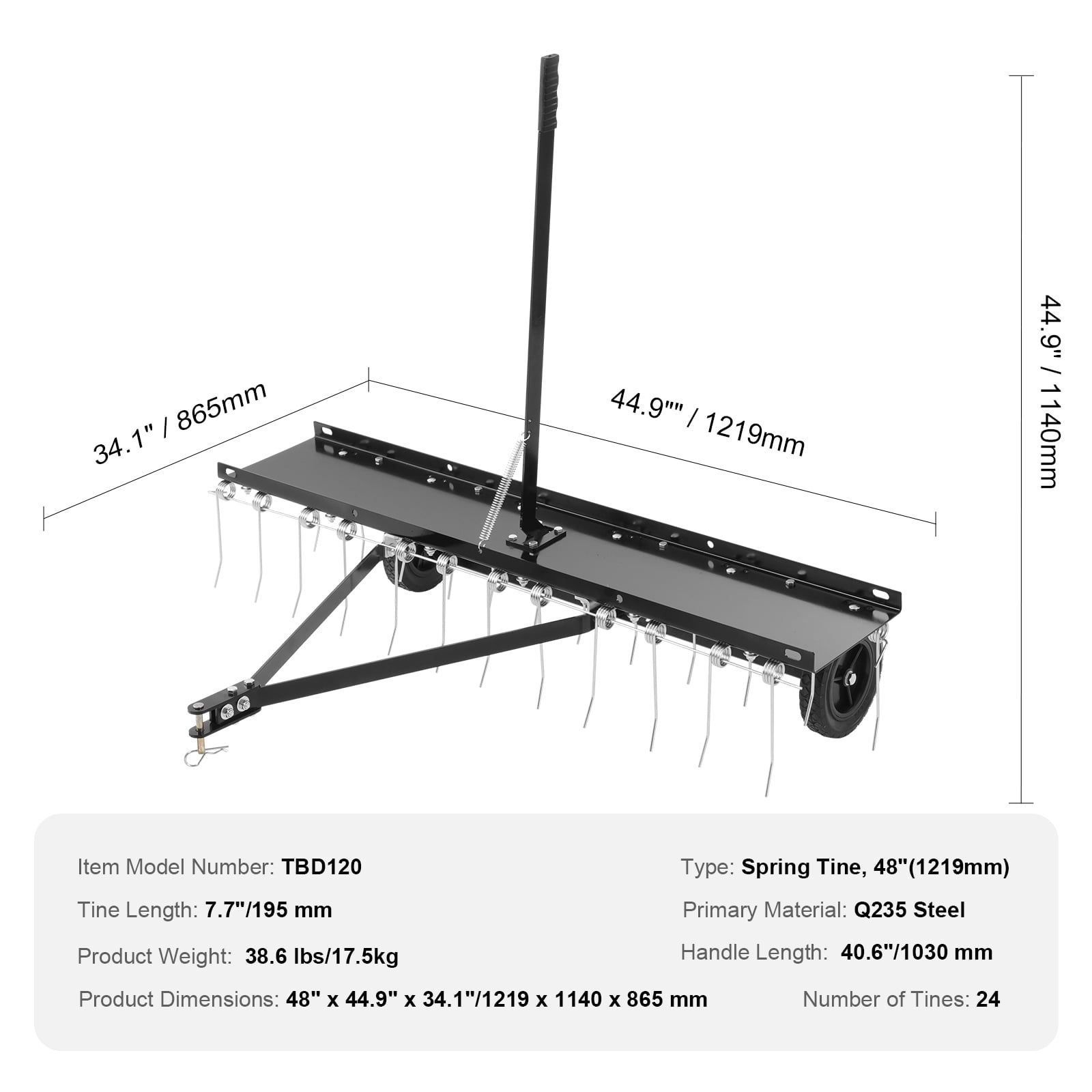 KFFKFF Towable Dethatcher, 48" Width with 24 Durable Spring Tines, Ideal for ATV or Lawn Mower Use, Garden and Lawn Rake with Easy Lift Handle for Efficient Grass Maintenance