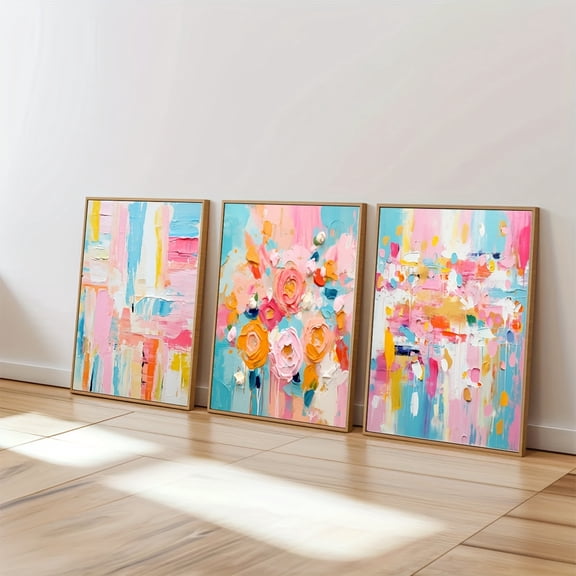 3pcs Colorful Abstract Poster Set - Modern Bohemian Floral Wall Art, Frameless Canvas Prints for Bedroom, Living Room, Dorm Decor - Vibrant Pink, Blue, Yellow & Green Artwork, Perfect for Home Offic