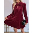 thumbnail image 4 of Robe Babydoll Mini en Velours à Manches Longues pour Femme, Coupe Ample, Col à Nœud, Robe Droite, Rouge Vin, G, 4 of 10