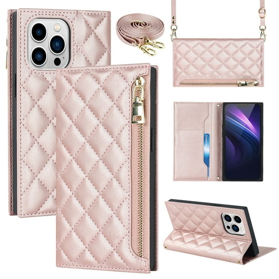 Nalacover Crossbody Wallet Phone Case for iPhone 13 Pro,Premium PU Leather Magnetic Closure Flip Stand Card Holder Zipper Pocket Purse Phone Case with Shoulder Strap,Rosegold