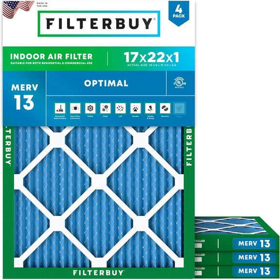 Filterbuy 17x22x1 Air Filter MERV 13 Smoke Defense, Pleated HVAC AC Furnace Filter Replacement, 4-Pack