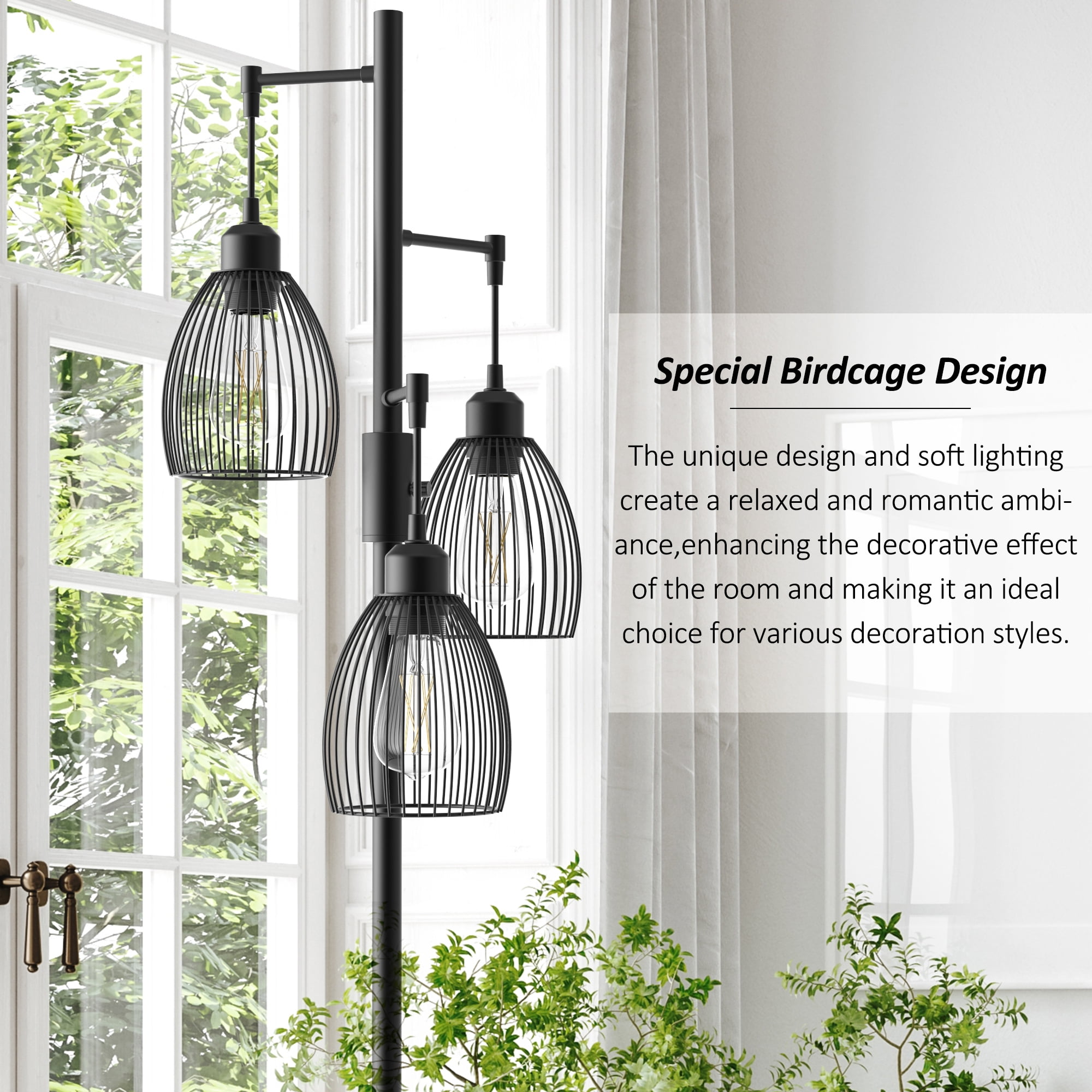 JURULU 70 inch Dimmable Floor Lamp, 3 x1000 LM Bulbs, Elegant Birdcage-Style Industrial Farmhouse Standing Tree Lamp, Perfect for Living Room, Bedroom, Office, Dining Room Decor - Black