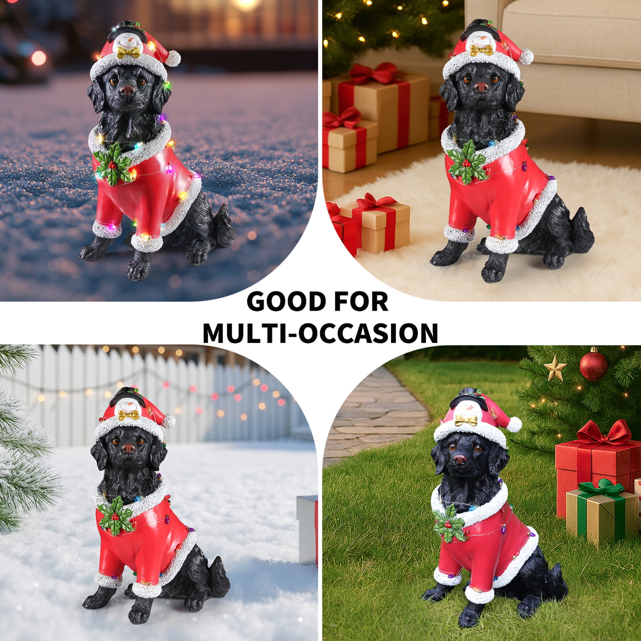 Noble House Christmas Golden Retriever Statue, Cheerful Holiday Dog Figurine in Santa Outfit, Black Fur & Red Shirt