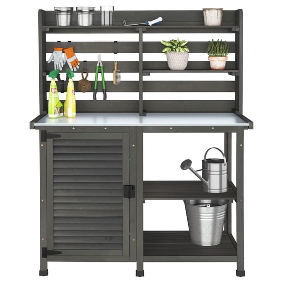 Potting Bench Table Large Garden Outdoor Work Bench Metal Tabletop Workstation with Storage Cabinet Shelf Dark Grey