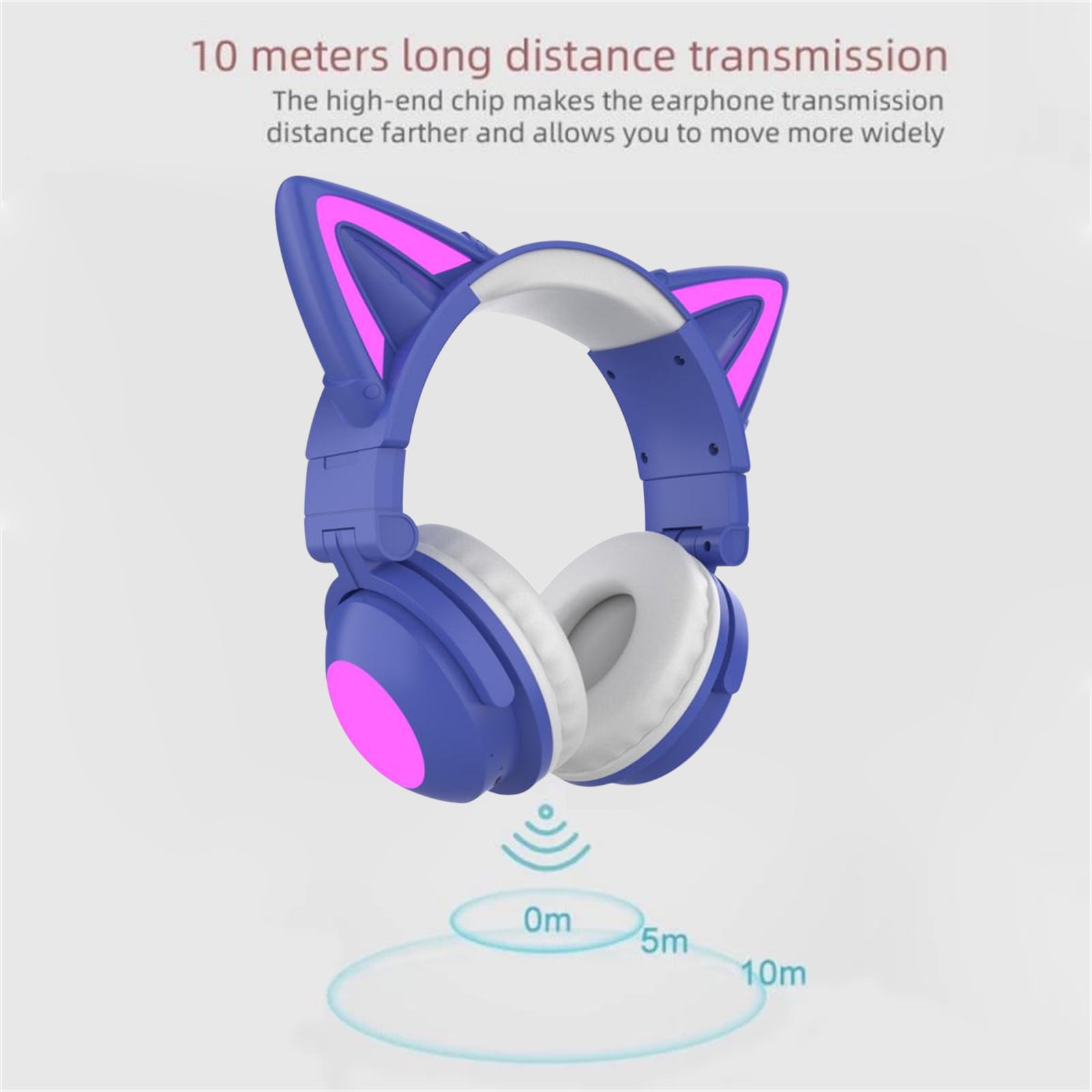 Wireless Cat Ear Headphones Bluetooth 5.0 Foldable LED Colorful Lighting 4 Inch Earmuffs AUX Built-In Mic 12H Playtime for Kids Teens Cosplay Gaming Audio Music Phone Tablet