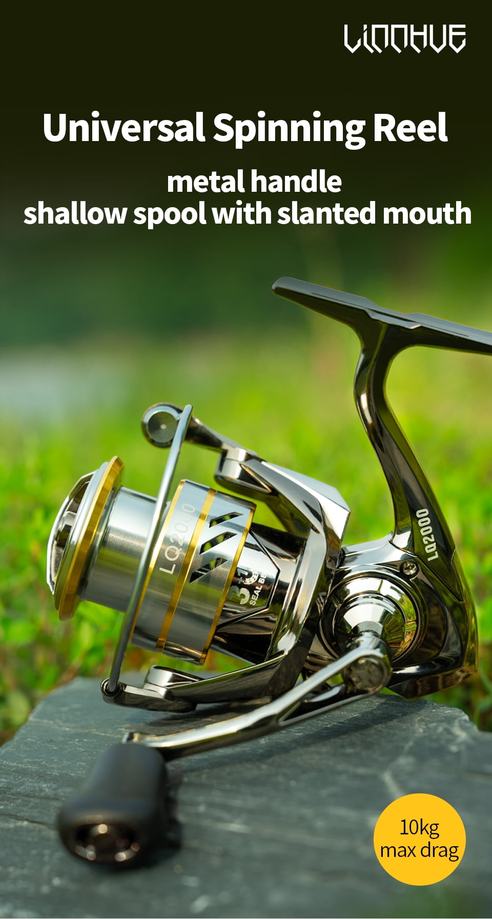 LINNHUE Fishing Reel LQ1500 2000 2500 3000 Saltwater available Spinning Reel Drag System 10kg Max Grey Golden Reel Fishings