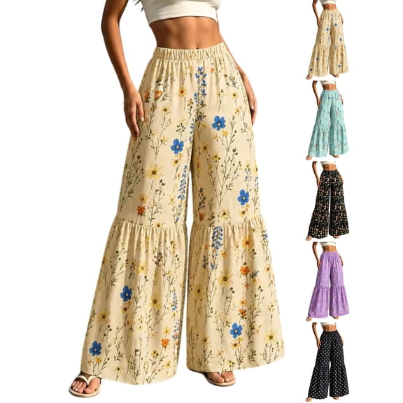 Women's Floral Wide Leg Pants High Waisted Palazzo Trousers, Boho Flowy Tiered Bell Bottom Pants for Beach Vacation