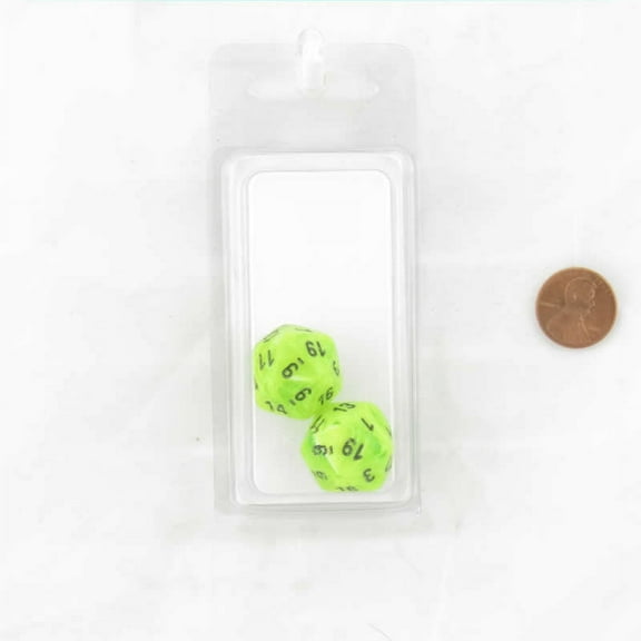 Bright Green Vortex Dice with Black Numbers D20 Aprox 16mm (5/8in) Pack of 2 Wondertrail