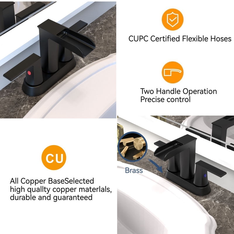 AUKTOPT Bathroom Faucet with Waterfall Spout, Dual Handle Solid Brass 3 Hole Deck Mount Sink Faucet, Easy Installation, Water-Saving, Matte Black