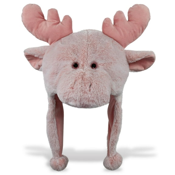 DolliBu Super Soft Pink Moose Plush Hat - Winter Hat with Ear Flaps, Animal Hat Costume for Boys and Girls, Moose Hat Costume for Halloween, Cosplay Parties, Crazy Beanie Hat for Kids, Teens, Adults
