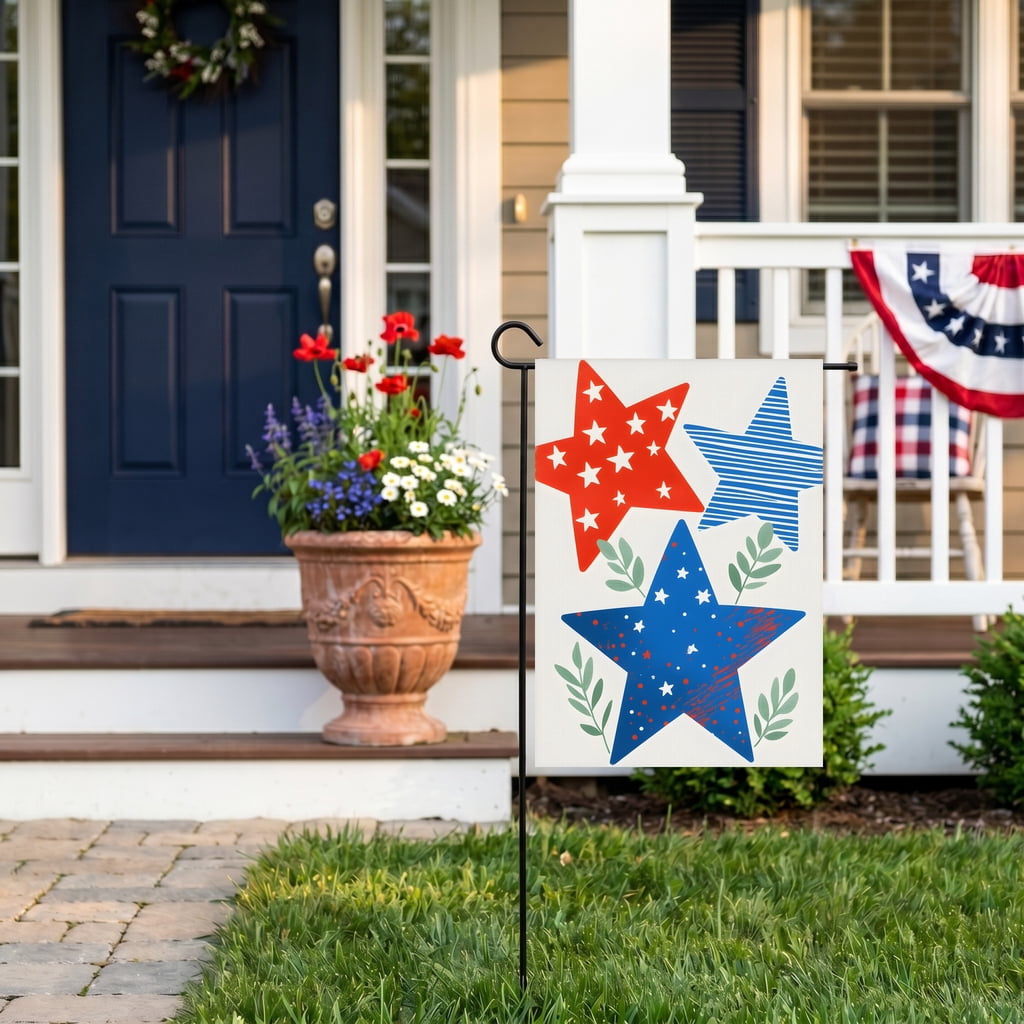 americana garden flag Three red white and blue stars with green leaves. * july 4th decorations 28x40" Large Yard Flag red white and blue decorations for home