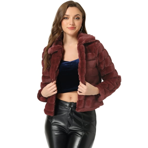 Abrigo de piel sintética para mujer, chaqueta, cuello de punta, mullido, frente abierto, cálido, prendas de vestir de invierno Borgoña XS