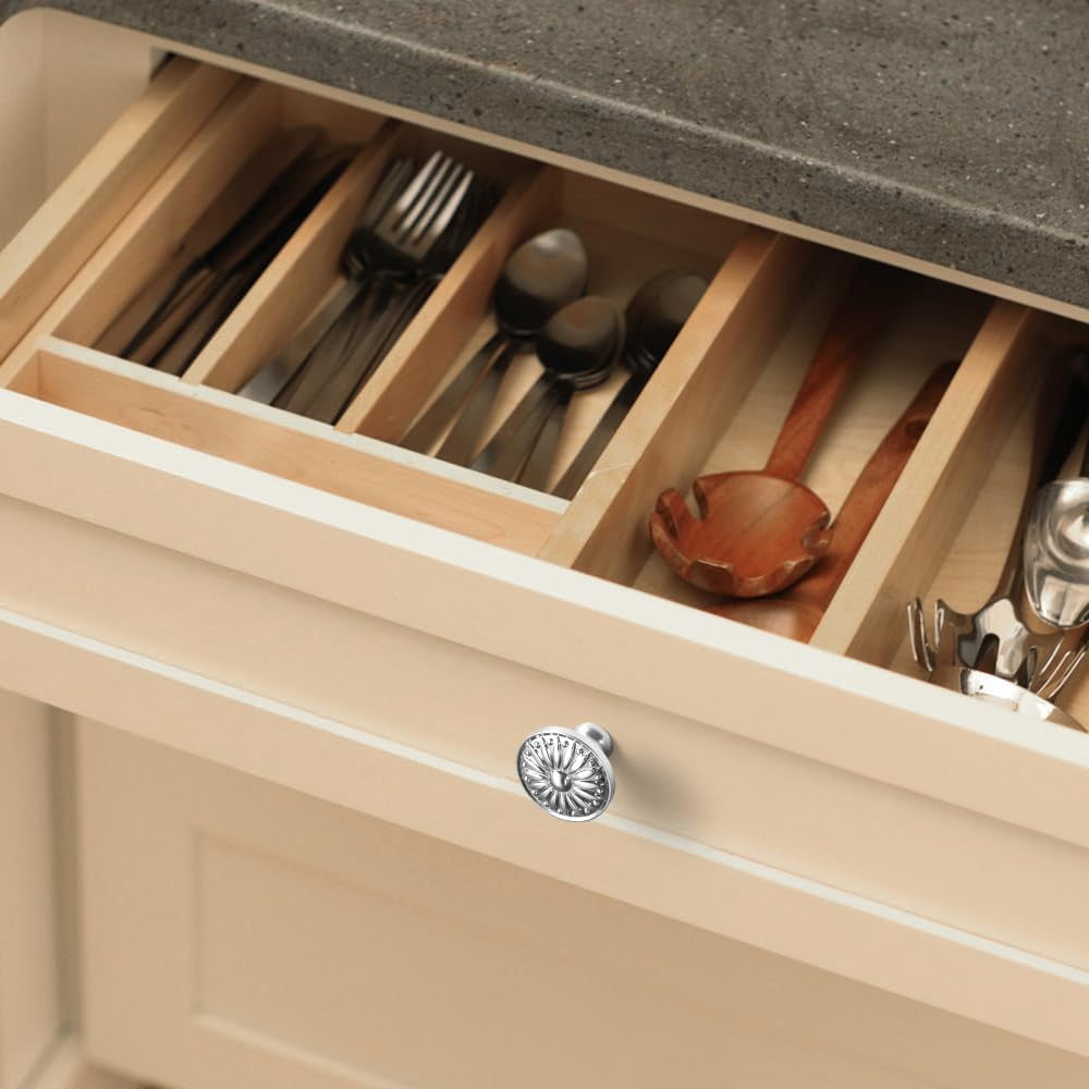 CATPAN 6 Pack Modern Satin Nickel Sunburst Cabinet Knobs – Ornate Floral Design with Brushed Finish for Kitchen Drawers, Doors