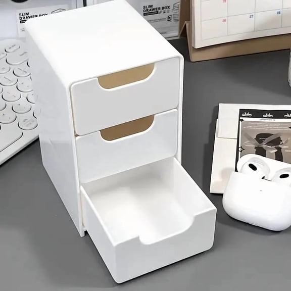 Mini Desktop Storage Organizer with 3 Drawers – White Plastic Small Desk Cabinet for Office Supplies, Makeup, Jewelry, and Craft Accessories