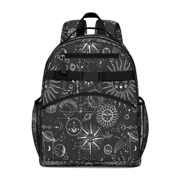 Celestial Goth Students Backpack with Steampunk Moon, Star, and Sunburst Design, Ethereal Cosmic Art Print, Adjustable Chest Strap and Large Capacity for s