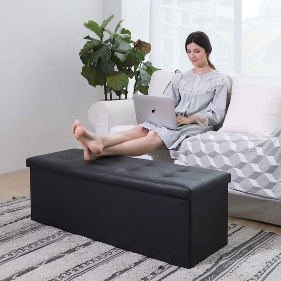 43 Inch Folding Storage Ottoman  with 125L Capacity, 700lbs Weight Support, Faux Leather Foot  Stool for Bedroom Living Room Black