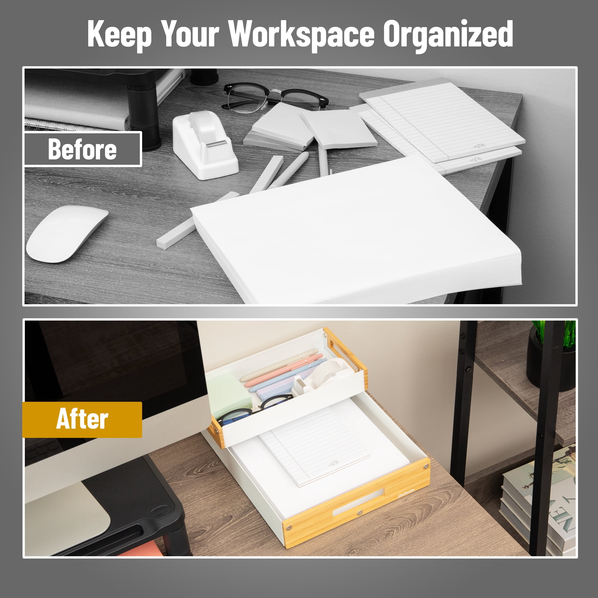Mind Reader Stackable Desktop Organizer Trays - Metal & Wood, White, Set of 2