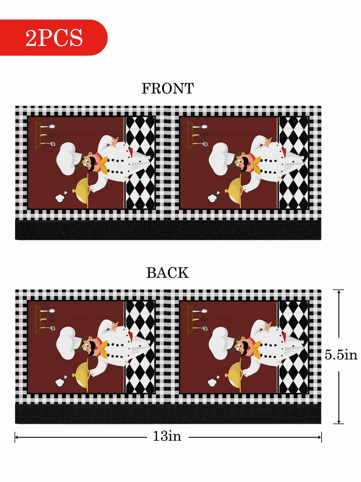 Red Kitchen Chef Refrigerator Door Handle Covers Set of 2, Black Plaid Gourmet Food Vintage Kitchen Fridge Microwave Oven Dishwasher Stove Cabinet Handle Protectors, Washable Appliance Decor