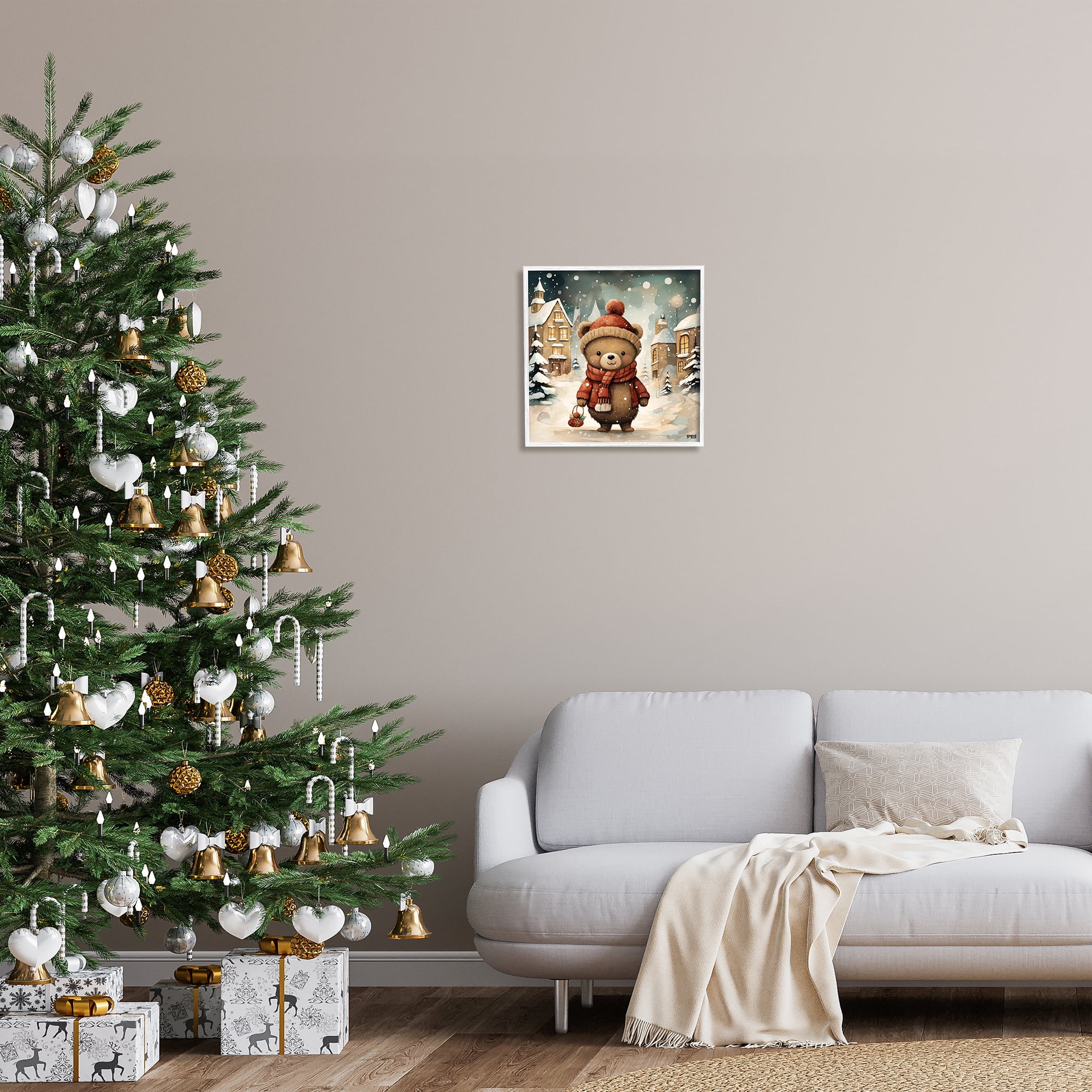 Stupell Industries Bear in Snowy Winter Village Animals & Insects Painting White Framed Art Print Wall Art, 17 x 17