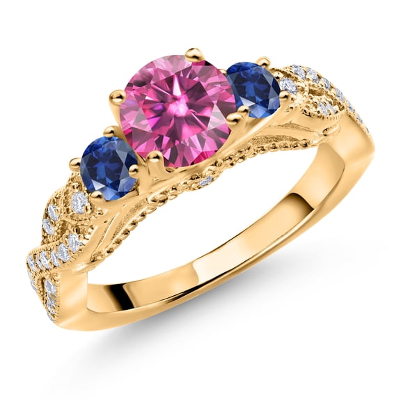 Gem Stone King 18K Yellow Gold Plated Silver Pink Moissanite Blue Created Sapphire and White Moissanite Engagement Ring for Women (1.35 Cttw, Gemstone, Round 6MM and 3MM, Size 5)