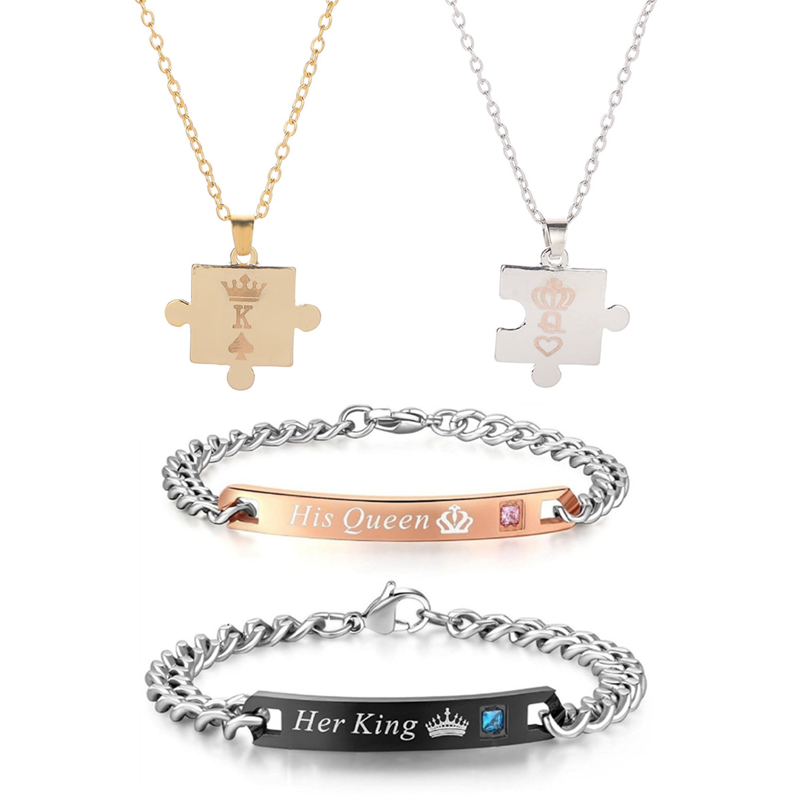 4Pcs Couple Necklace Bracelet Set I Love Necklace Love Heart Crown Necklace BFF Bracelet Couple Gift for Her