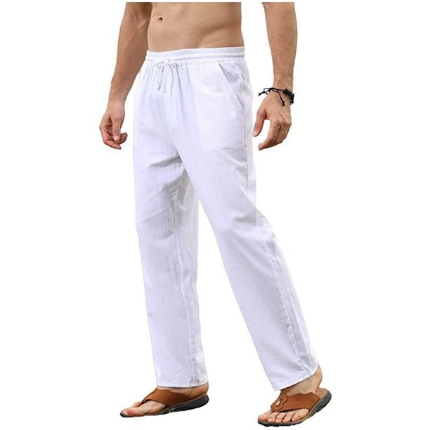 Pantalones de lino y algodón para hombre, pantalones holgados informales, transpirables, de Color sólido, con cordón, para correr, Yoga, holgados
