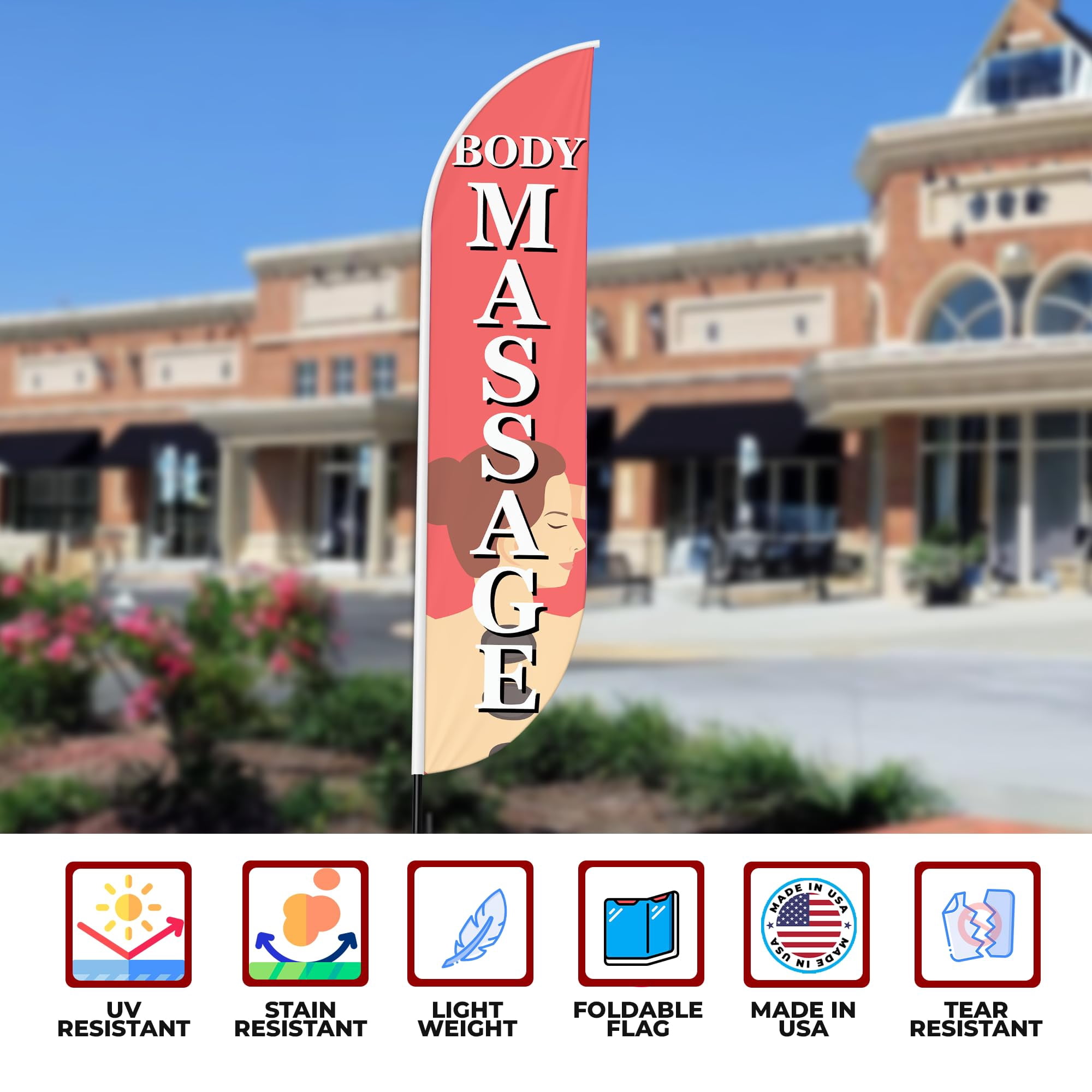 Body Massage Sign feather flag Pole Mount for Outdoor by Mavis Print | 15 FEET Long Polyester Outdoor Banner Flag with Pole Kit for Easy Hang | HD Print Swooper Flag Pole Mount for Salon Advertisi