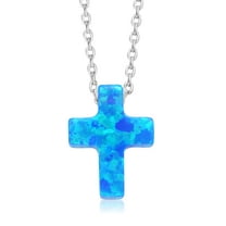 Gem Stone King 8MM Created Blue Opal Cross Pendant Necklace Unisex 925 Sterling Silver With 18 inches Silver Chain
