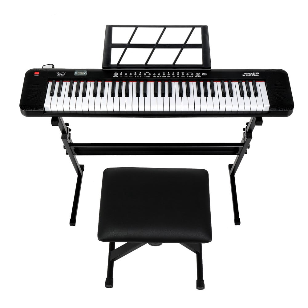 61 Key Keyboard Piano with Stand & Bench Kit, Stand, Lighting Digital Piano with LED Screen, Built-In Speakers, Headphones, Microphone, 3 Teaching Modes for Beginners (Black)