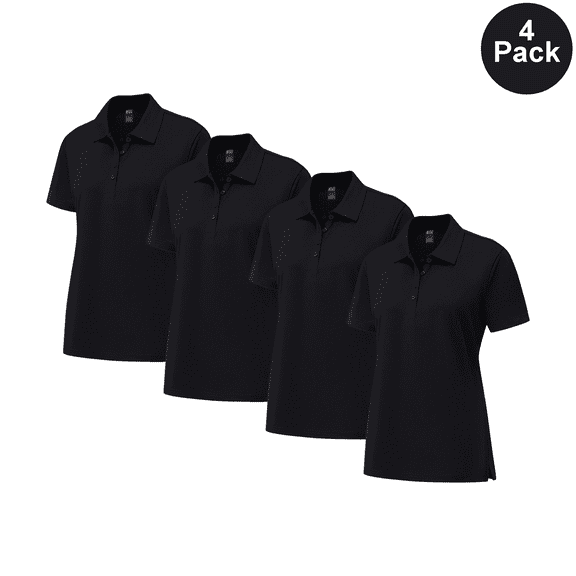 Zfeel Women Pure Dry Fit Poly Polo Shirt, Short Sleeve Moisture Wicking Bulk Tee, Black, S, 4 Pack