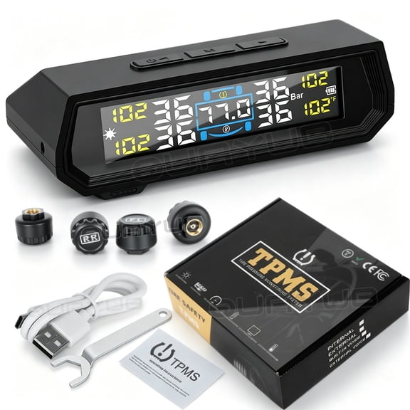 Quayub Wireless Solar & USB TPMS Tire Pressure Monitoring System with LCD Display and 4 External Sensors for Car, SUV, Truck, and RV