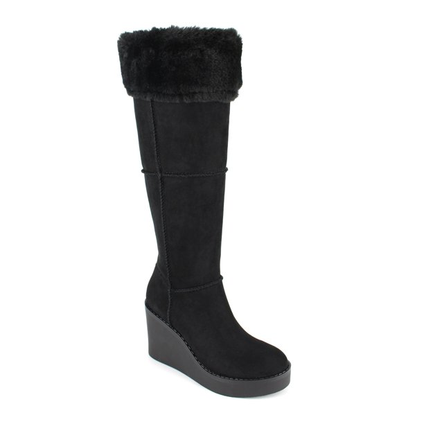 PORTLAND by Portland Boot Company Women's Faux Fur Trim Wedge Knee High Boot