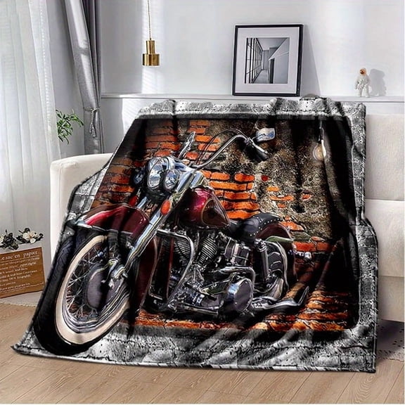 Vintage Red Brick Motorcycle Print Flannel Blanket: Soft And Warm Suitable for Bed Living Room Picnic Travel Or Car Interior