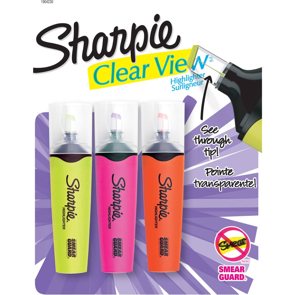 Sharpie Clear View Highlighters, 3Pack, Yellow, Pink and Orange