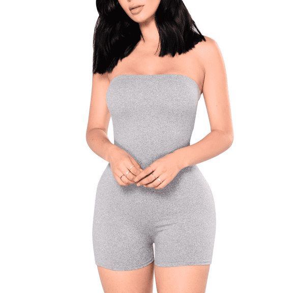 Womens Strapless Tube Jumpsuit Solid Color Sleeveless Bodycon Short Romper Catsuit