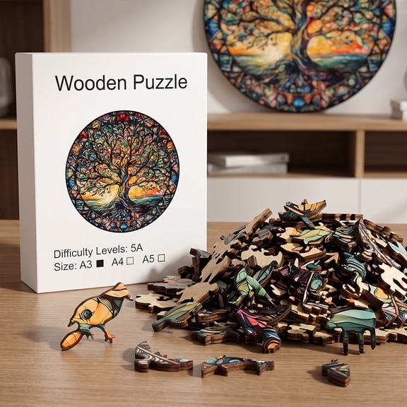 Tree of Life Stained Glass Wooden Jigsaw Puzzle A3 Size Unique Animal Shaped Wood Puzzle 5A Difficulty Decorative Round Art Puzzle Gift for Adults Family Game Night