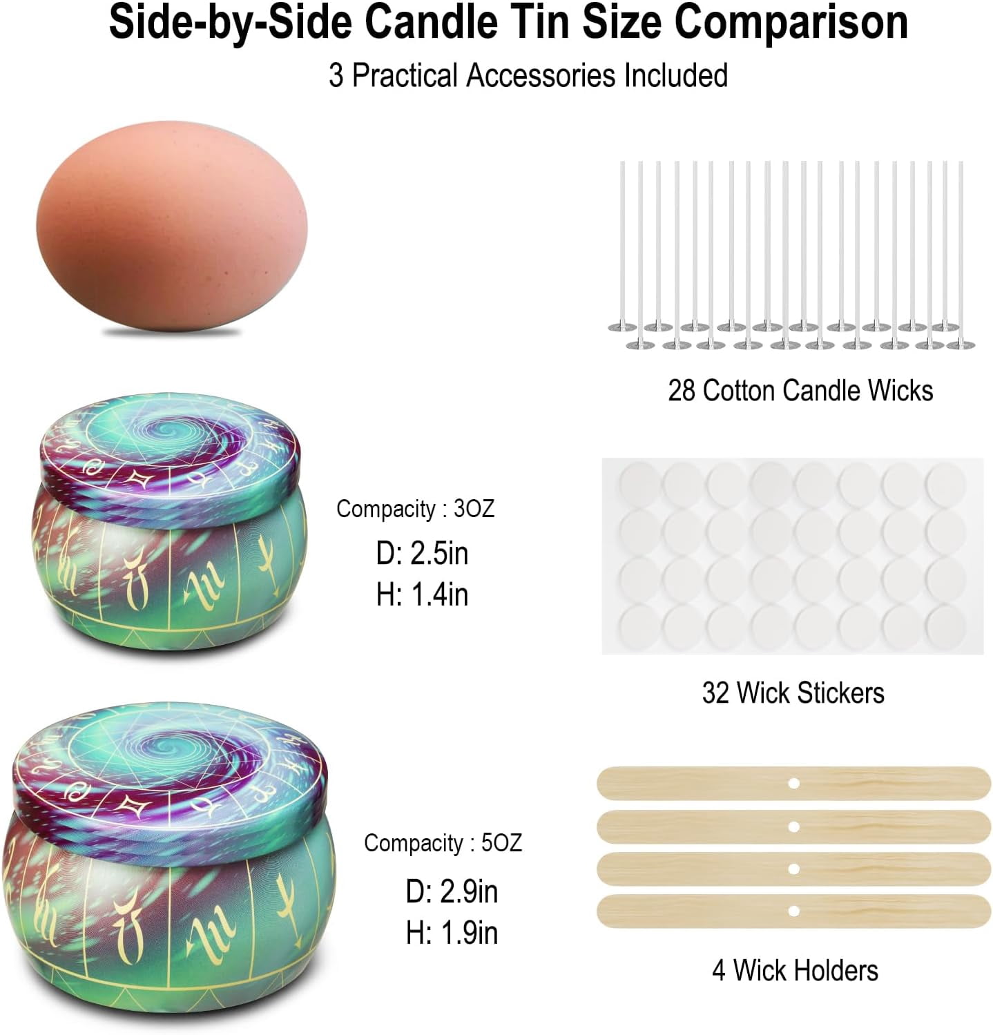 Empty 3 oz Candle Tins Candle Jars 28 Pcs 28 Patterns, Candle Making Kits, with Wicks, Wick Holders & Stickers