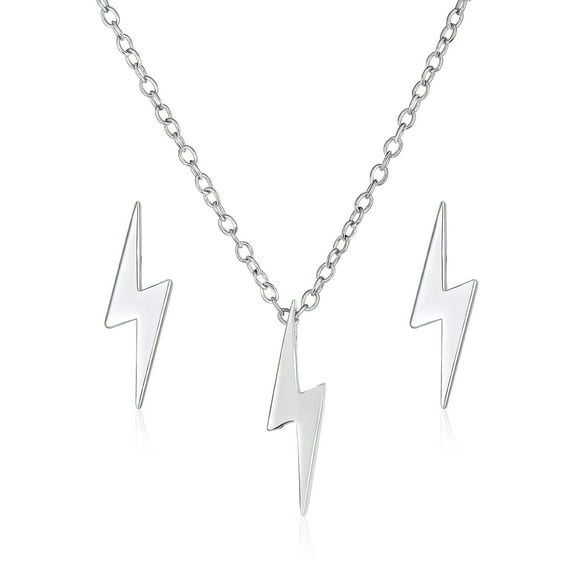 Bling Jewelry Womens Minimalist Lightning Bolt Pendant Necklace and Stud Earrings Set Sterling Silver