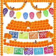 93 Pcs Dia De Los Muertos Decorations Set Includes 50 Marigold Flowers, 9 Papel Picado, 2 Marigold Garlands, 8 Felt Skulls, 24 Monarch Butterflies, Day of the Dead Ofrenda Altar Decor