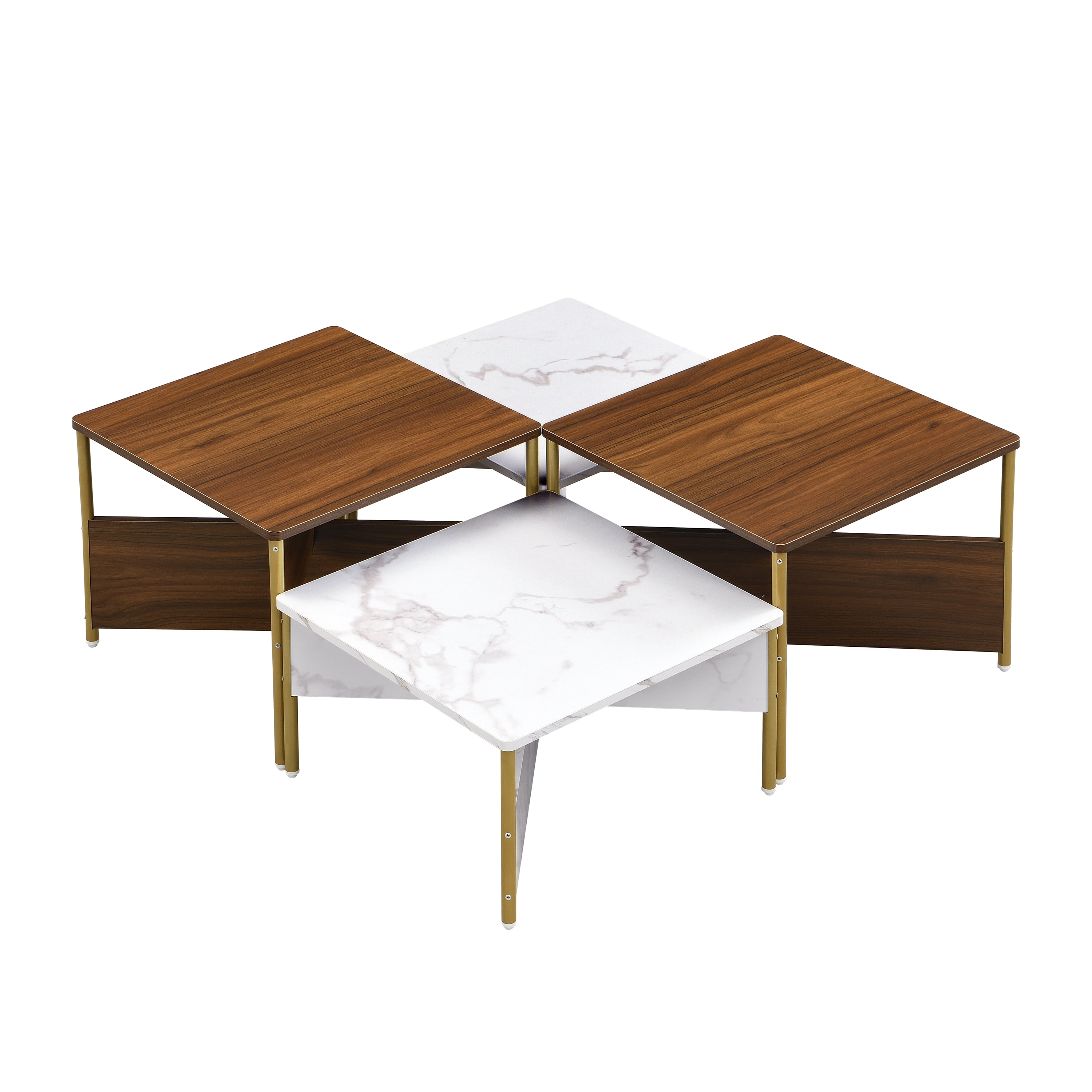 Euroco Modern Nesting Coffee Tables Set of 4 -Mid Century Modern Square Living Room Table, Free Adjustable Shape,Versatile and Stylish Accent Furniture for Your Living Room White & Walnut Color