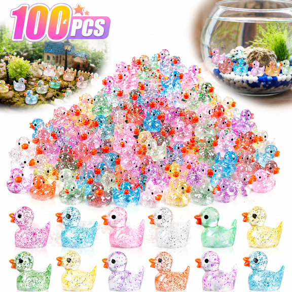 100pcs Mini Glitter Ducks Colorful Tiny Small Little Resin Ducks to Hide Plastic Animal Figures for for Dollhouse Micro Dollhouse Landscape Aquarium Decorations