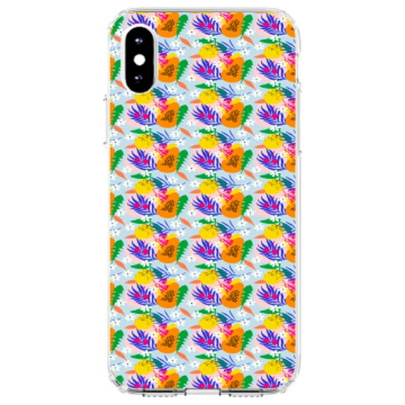 DistinctInk Clear Shockproof Hybrid Case for iPhone X / XS (5.8" Screen) - TPU Bumper, Acrylic Back, Tempered Glass Screen Protector - Summer Vibes Floral Pattern Orange Blue Green