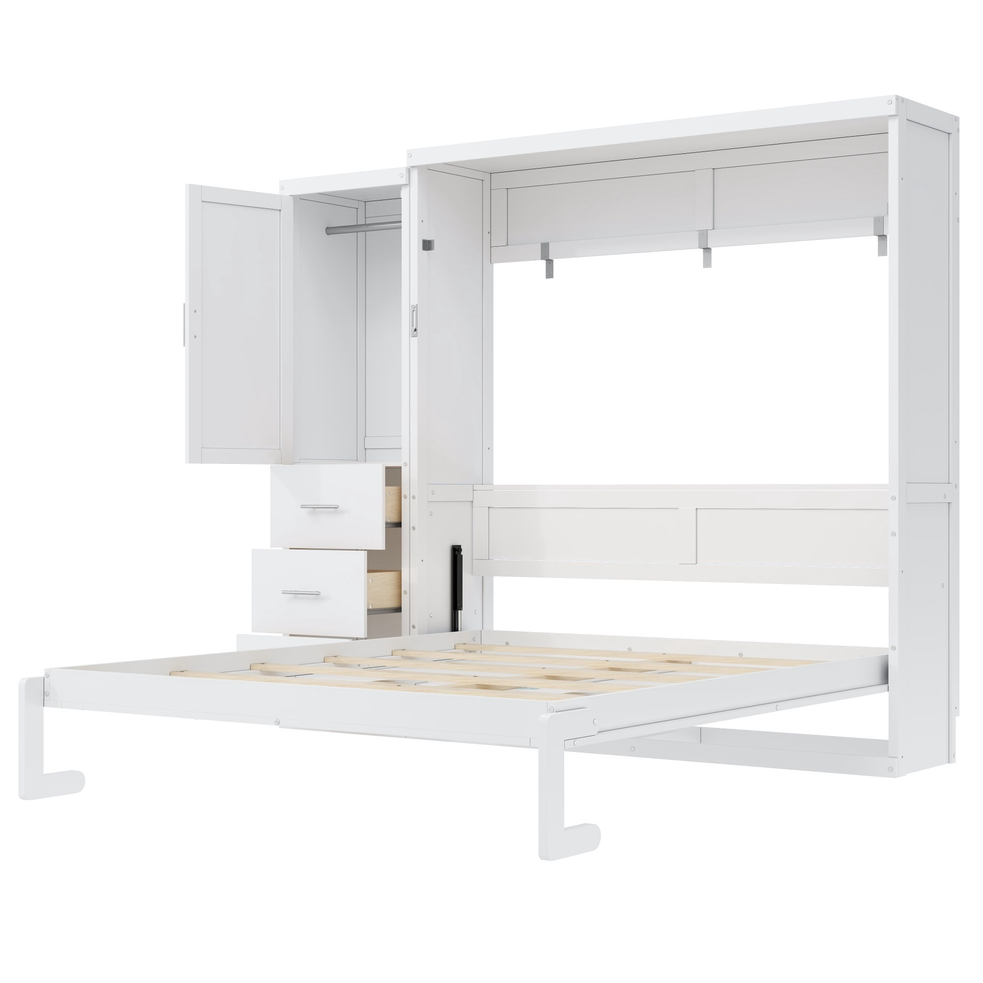 Euroco Wood Queen Size Murphy Bed with Drawer, Convertible Bed into Cabinet with USB Charging Station, White