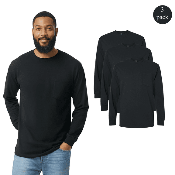 Gildan Long Sleeve T-Shirt for Men, Pullover Solid Black 100% Cotton Pocket Tee, 3 Pack, S