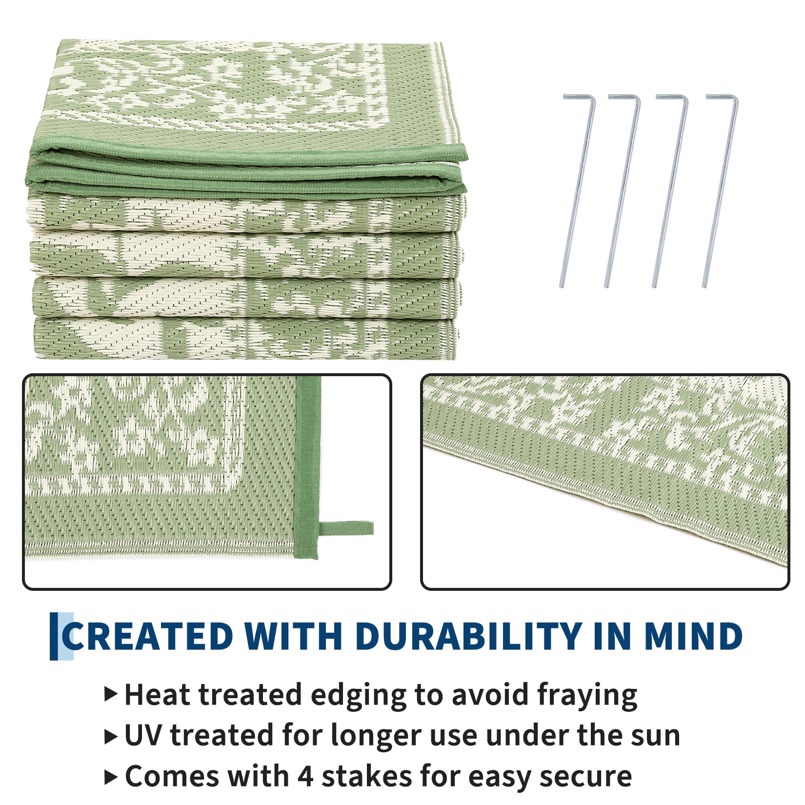 Garvee Outdoor Rug 9x12ft Waterproof Reversible Foldable Plastic Straw Rug, Modern Floral Border Outdoor Mat for Patio, Camping, RV, Deck, Porch, Balcony, Gray Green