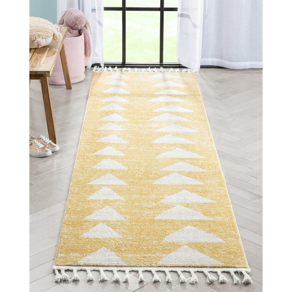 Well Woven Tango Yellow Geometric Triangle Pattern Stain-resistant Runner Rug (2'7" x 9'10")