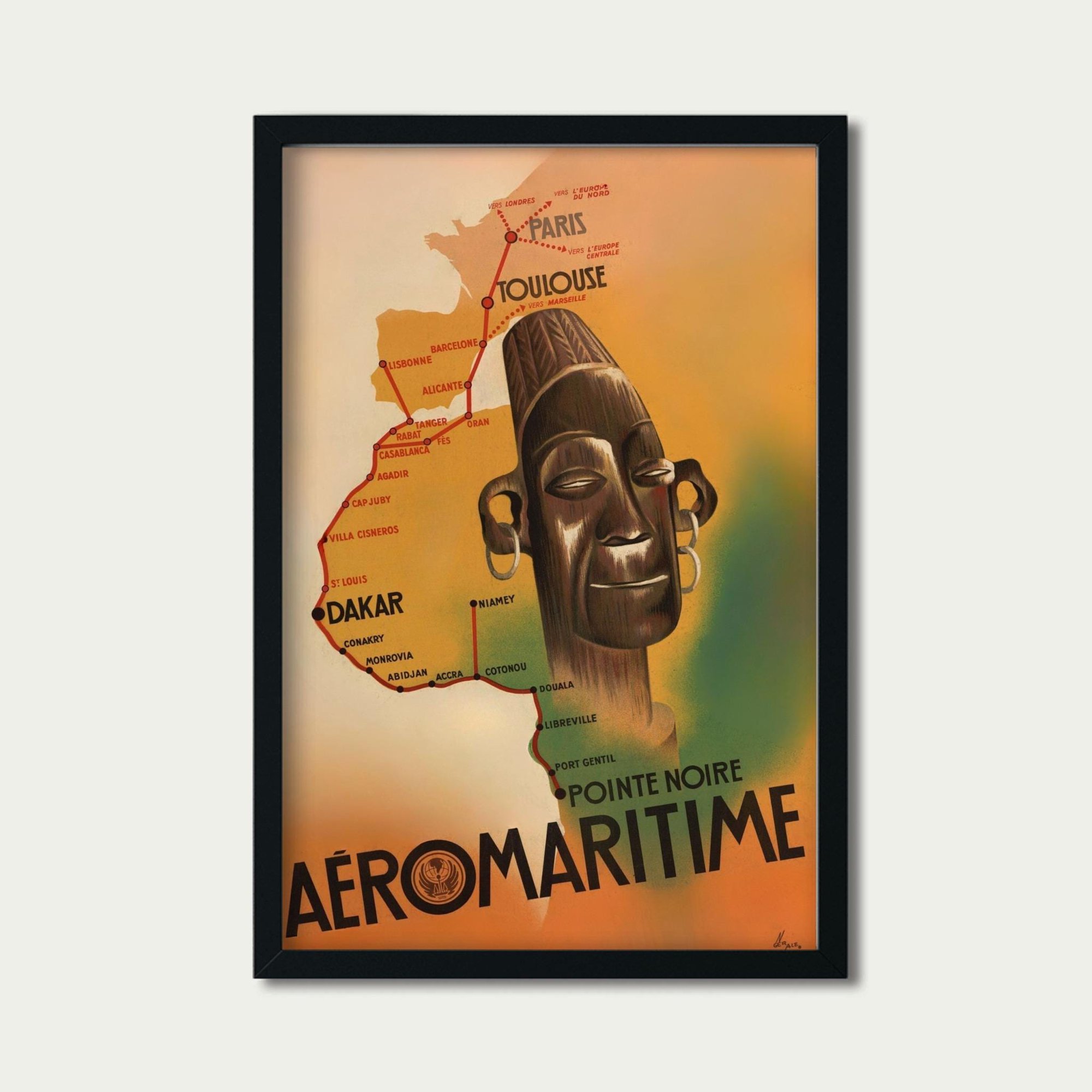 Vintage Aeromaritime West Africa Travel Poster, African Mask Art , Poster Print Only