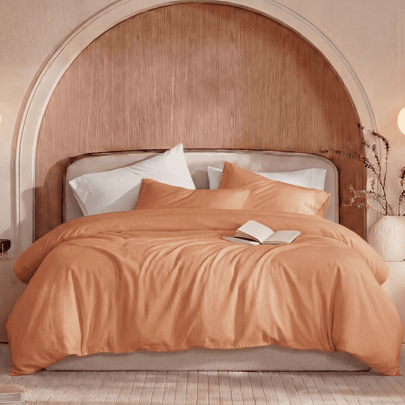 100% Cotton Comforter Set – Burnt Orange, Linen-Like Texture, Super Soft & Breathable Lightweight Bedding Set, 3-Piece Durable Percale Comforter for All Seasons