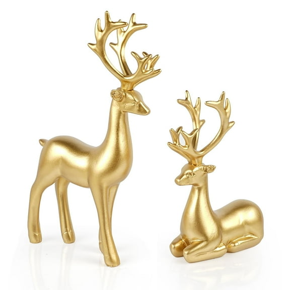 2 Pack Resin Christmas Reindeer Figurines Small Deer Statues Elk Sculpture Deer Ornaments for Living Room Figurine Statues TV Cabinet Home Office Wine Cabinet Decoration Xmas Gifts (Gold)